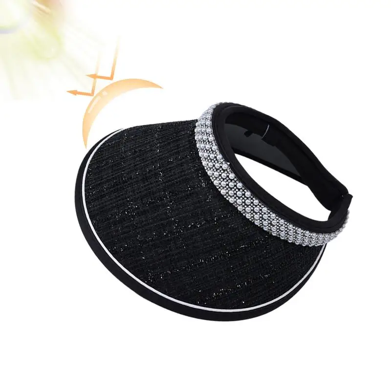 

UV Protection Visor Hat Empty Top Wide Brimmed Sun Hat Pearl Design Female Sun Hat Hair Band Style Black Rubber Hat For Summer