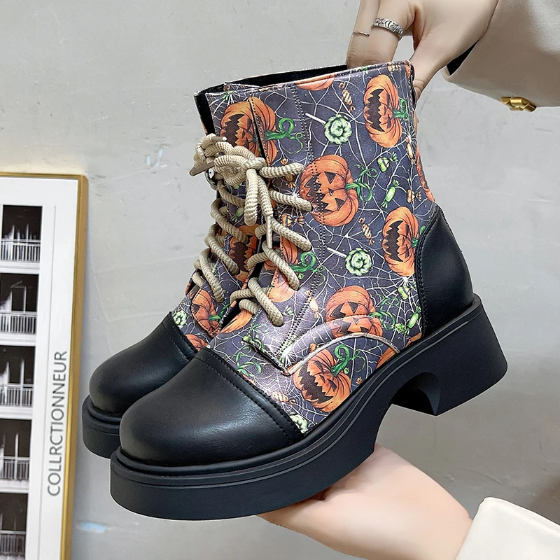 Pumpkin Print Chunky Heels Ankle Boots Women 2024 Autumn Winter PU Leather Booties Woman Fashion Lace Up Platform Combat Boots