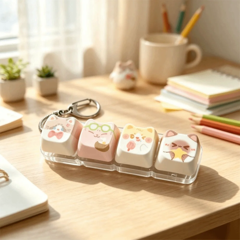 Finger-Tip Pressing Button Cat Fidget Clicker Keychain 4-Key Cute Cat Keycap Keychain Creative Kawaii