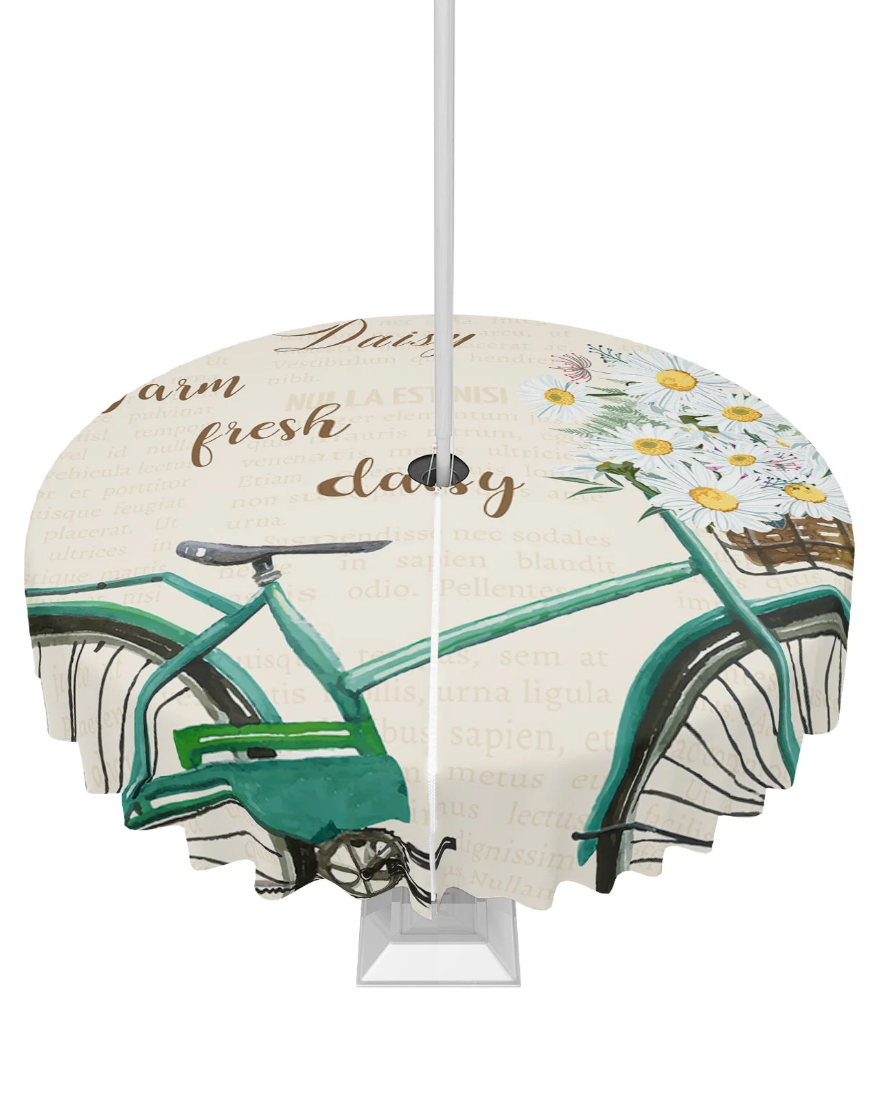 Bicycle Daisy Vintage Old Newspaper Outdoor Tablecloth with Umbrella Hole Zippered Waterproof Picnic Patio Round Table Cover