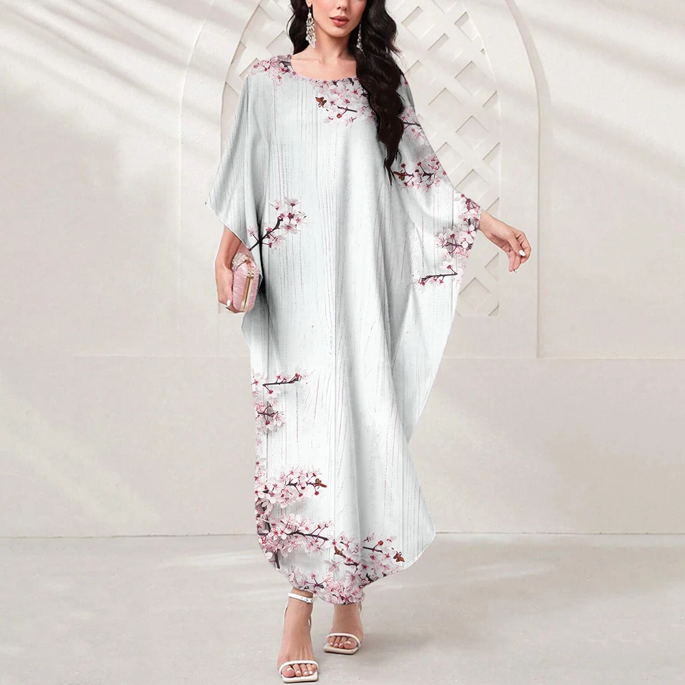 2024 New Dubai Muslim Islamic Elegant Dress Feminine Ethos Leaf Print Muslim Party Dress Summer Bat-Sleeved Gilbab Loose Robe