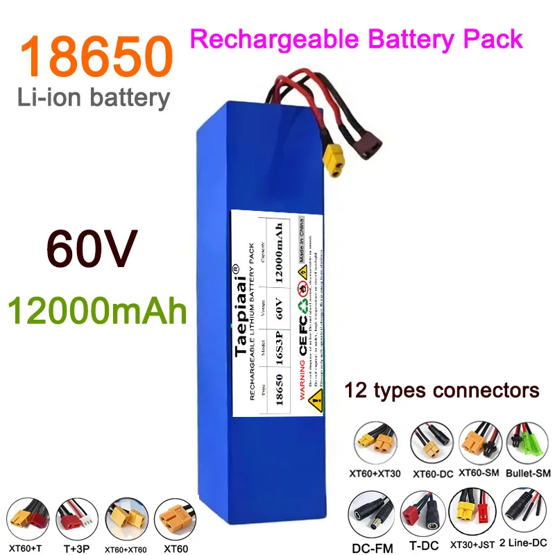 Taepiaai 60V Battery Pack 18650 12ah Lithium 16S3P Full Capacity Power Rechargeable Built-in BMS Durable for 250-1000W