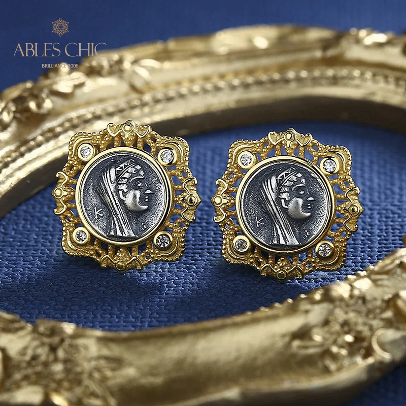 Ables Chic Arsinoe II Greek Coins Solid 925 Silver Roman Coin Filigree Frame Stud Earrings E1000