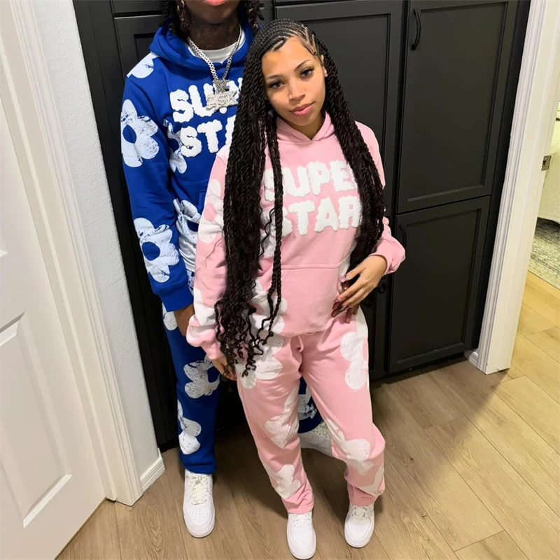 Autumn And Winter Trendy Set Superstar Printed Hoodie Sweatpants Hip Hop Flower Pattern Dressing