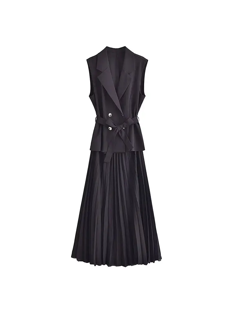 TRAF 2023 Autumn Dress Women Pleated Vests Long Dresses for Women Sleeveless Office Party Dress Ruched Midi Evening Dresses