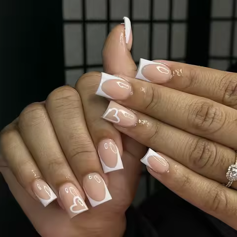 24pcs medium square minimalist white heart waterproof fake nail rubbing strip&jelly glue