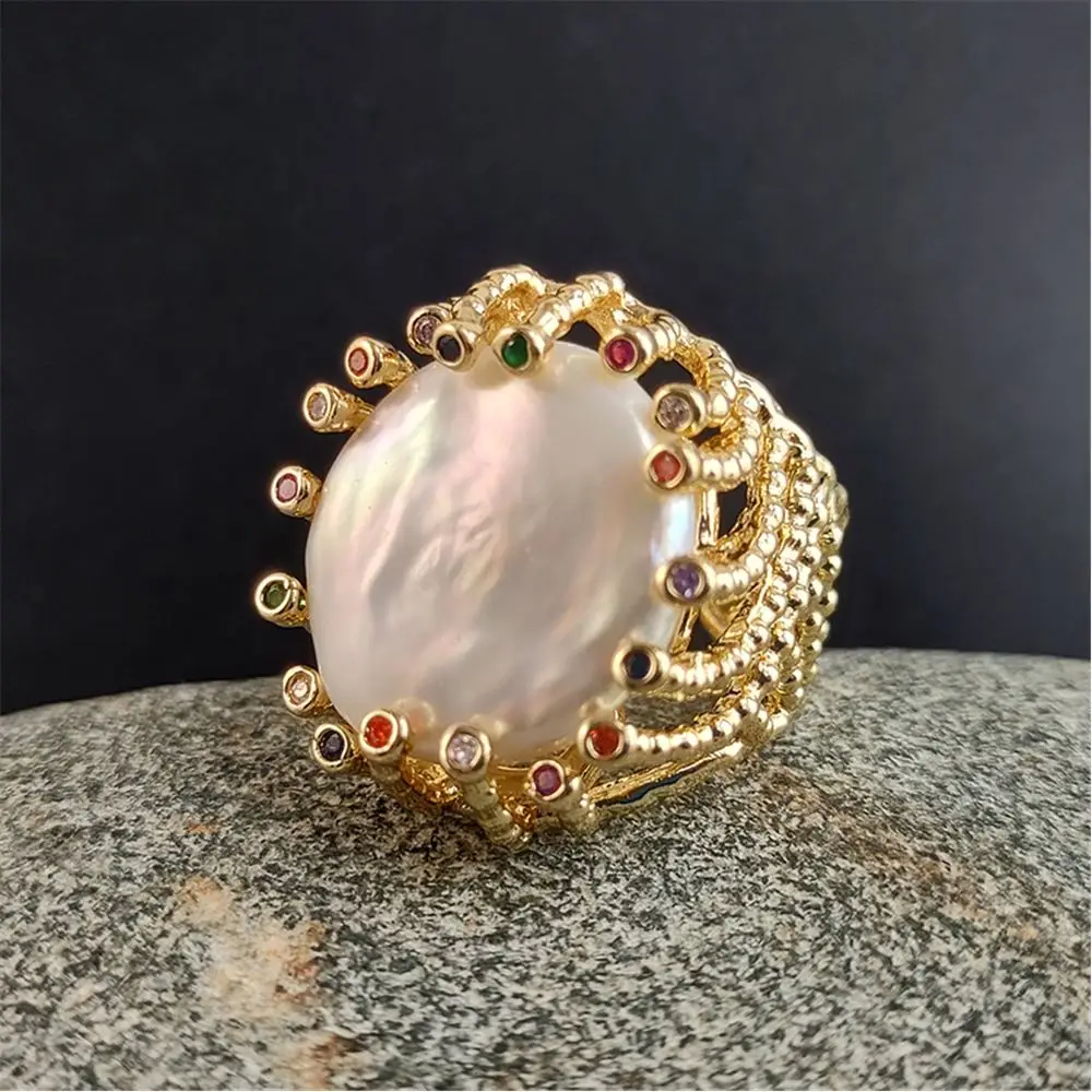 FUWO Jewelry One Piece Natural Fresh Water Pearl Ring,Golden Plated Zircon Bead Charm Adjusbable Rings For Women RG509