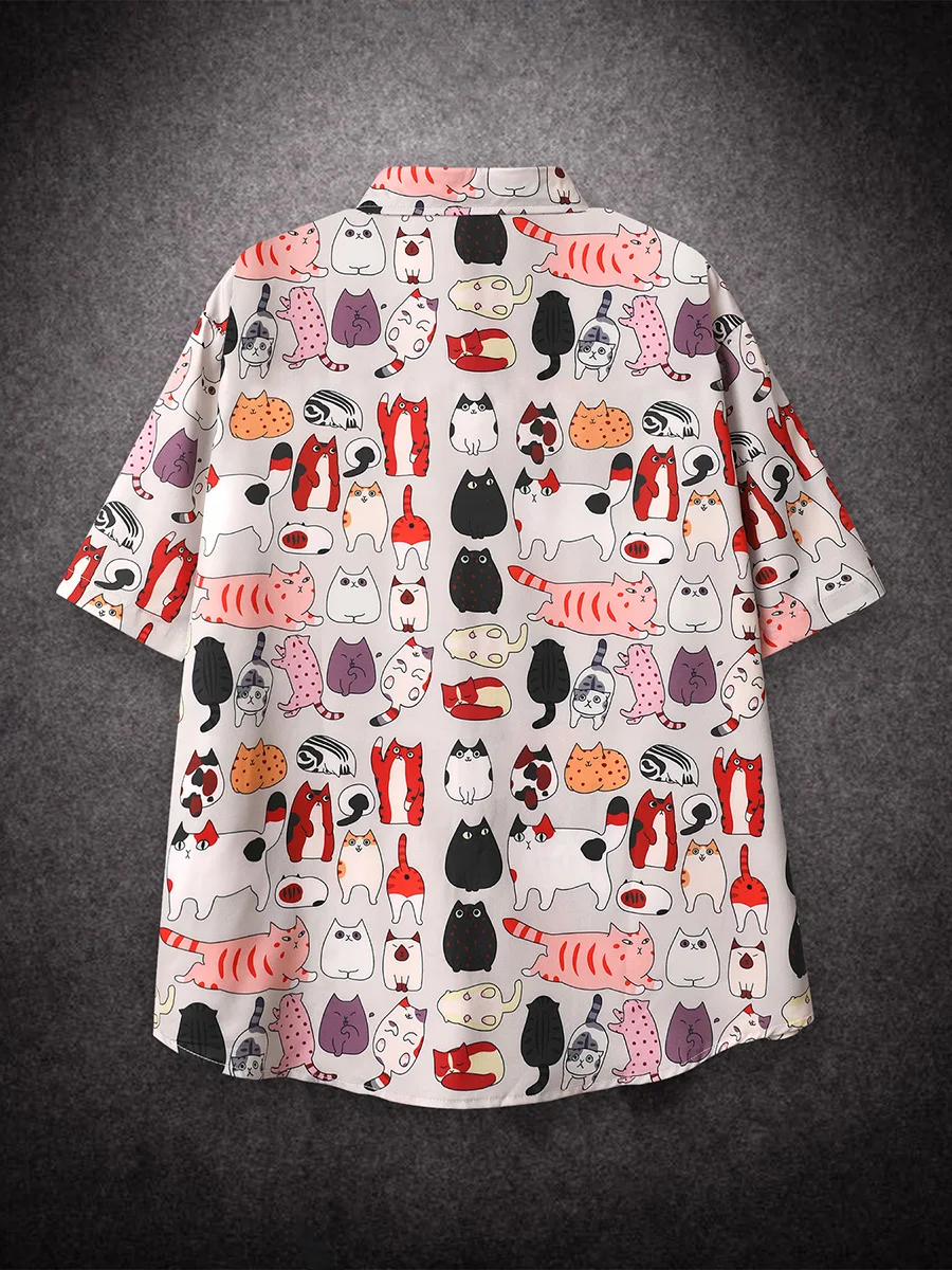 Oversized Loose Short Sleeve Shirt Men Print Cartoon Cat Retro Hiphop Casual Shirts for Summer Beach Hawaiian Clothing