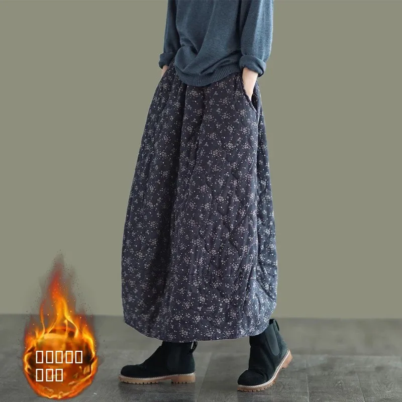 

Thiened Cotton Linen Floral f Skirt Women's Autumn Winter Vintage Art Loose Versatile Cotton Warm Mid-Length A-Line Skirt