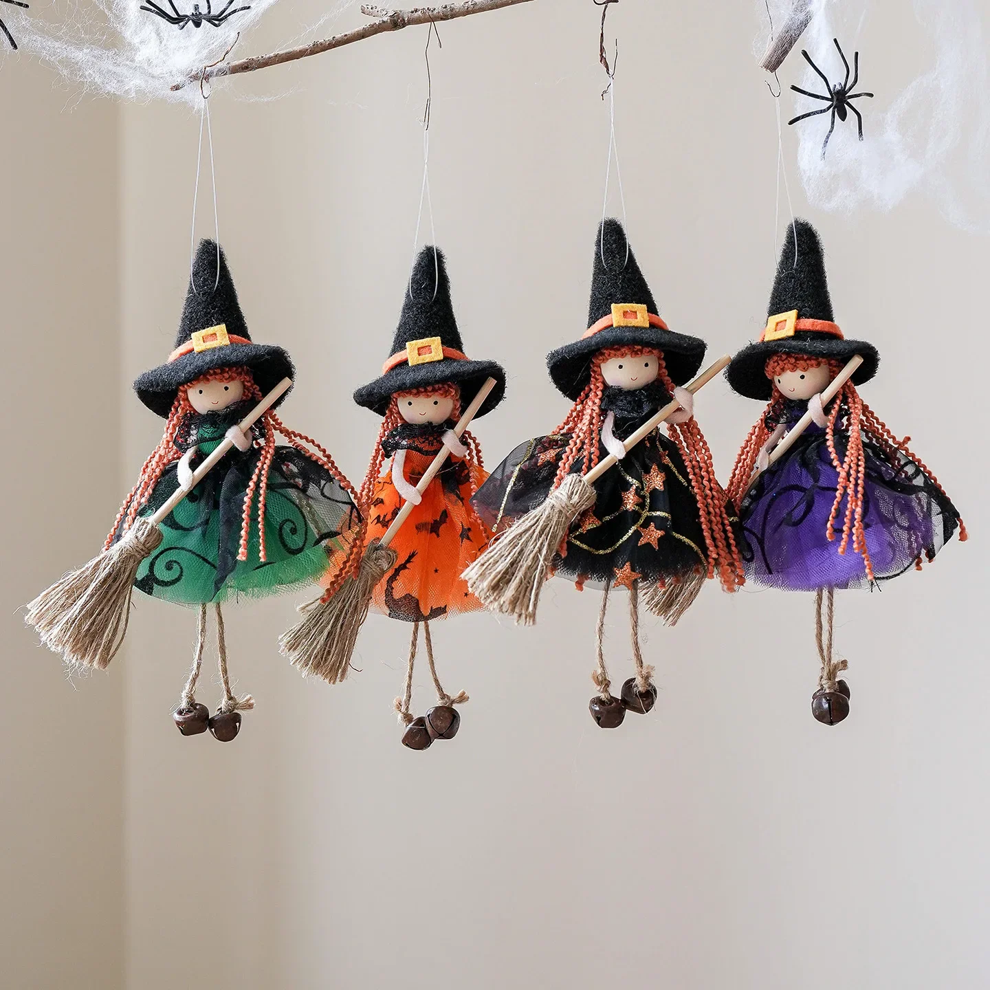 

Cross border New Halloween Decoration Mesh Broom Girl Angel Pendant Bell Hanging Doll Christmas Tree Decoration Multiple styles