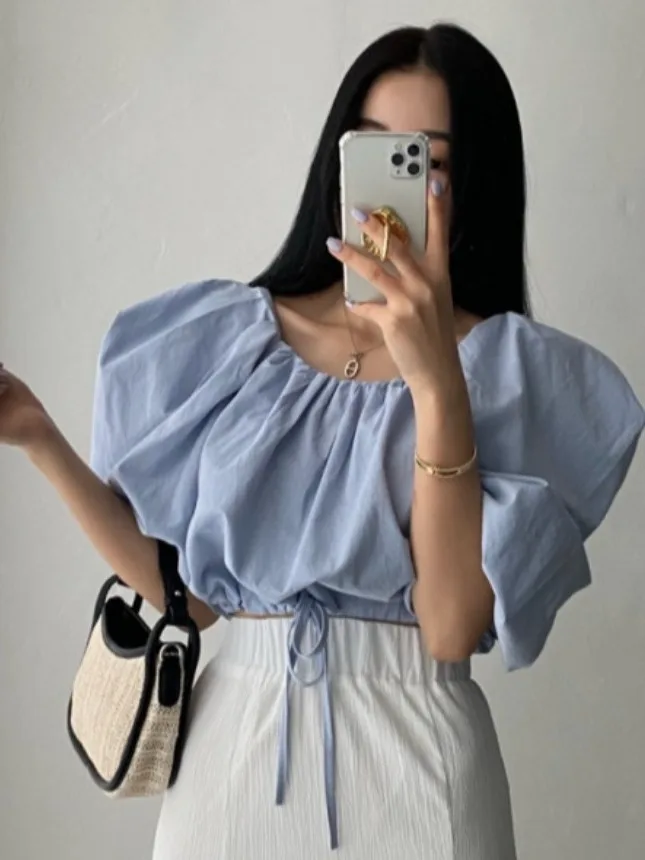 

Dongda Gate Summer New Pure Color Versatile One-oulder Bubble Sve irt Women's Top Knot Ne Design Breathable Material