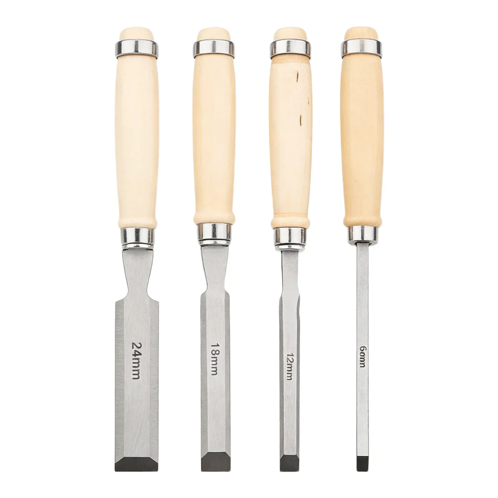 Wood Chisel Set of 4 Pieces 45# Steel Blades 6 12 18 24 mm for Wood Carving with Thickened Blade Design for Durability