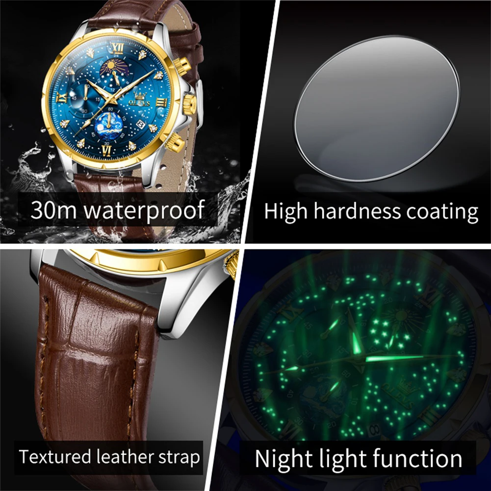 OLVES Leather Men watch Moon Phase Waterpoof Luminous Luxury Business Chronograph Quartz Wrist Watch for Men