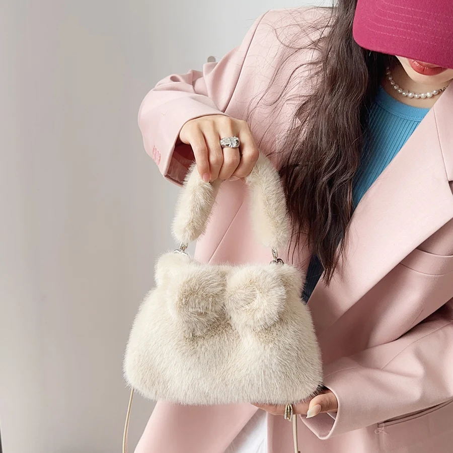 

Faux Fur Bow Tote Bag Women's Bucket Bag Plush Design Ladies Small Handbags Soft Winter Crossbody Shoulder Bags Bolsa Feminina
