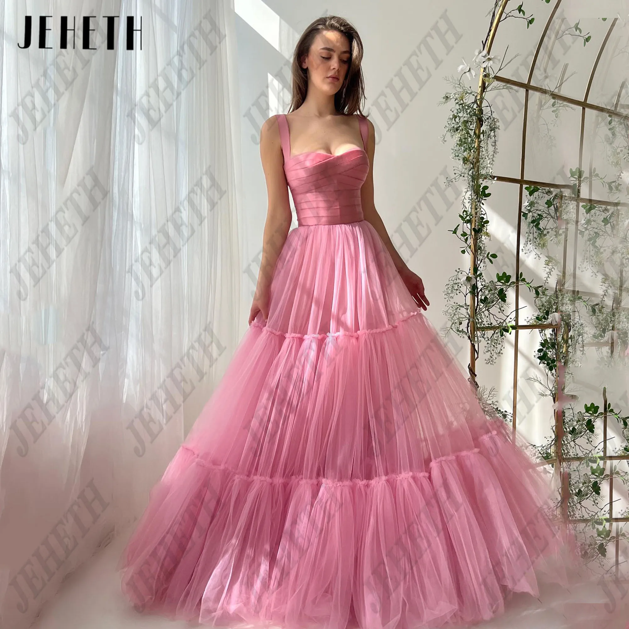 

JEHETH Sleeveless Tulle Pink Prom Dresses A-line Spaghetti Straps Sweetheart Evening Gown Formal Occasion Dress Customized