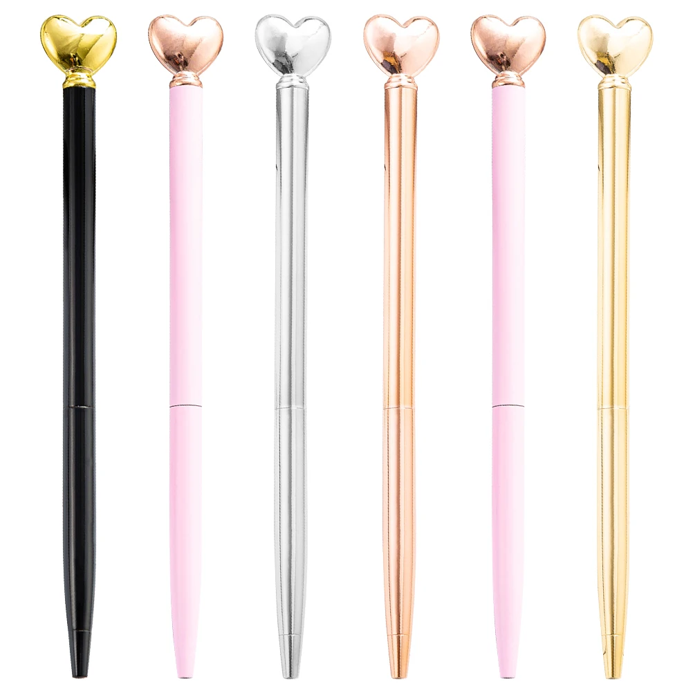 

6pcs Heart Shape Metal Ballpoint Pens Smooth Writing Office Home School Use Cute Gift For Friends Family