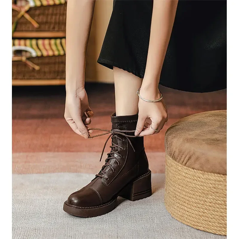 

Women's Platform High Heel 2025 Autumn and Winter New Thick Heel Lace-up I British Style Short Boots Brown Single Boots