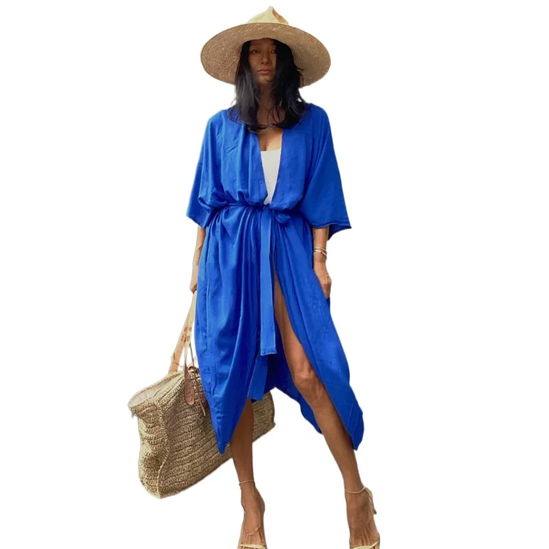 Vestido de playa con cinturón para mujer, Kimono de Color liso, ropa de playa, traje de baño, cárdigan