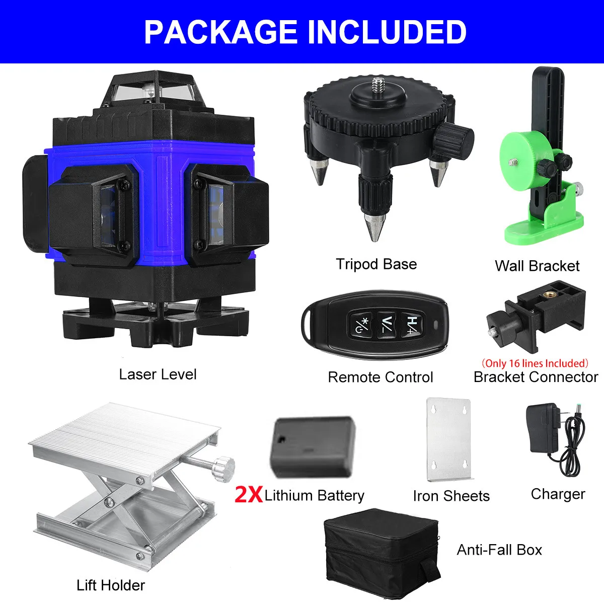 16 Lines 4D Laser Level, Green Laser Line, Self Leveling, Horizontal Lines &360 Degree Vertical Cross with 2xBattery for Outdo