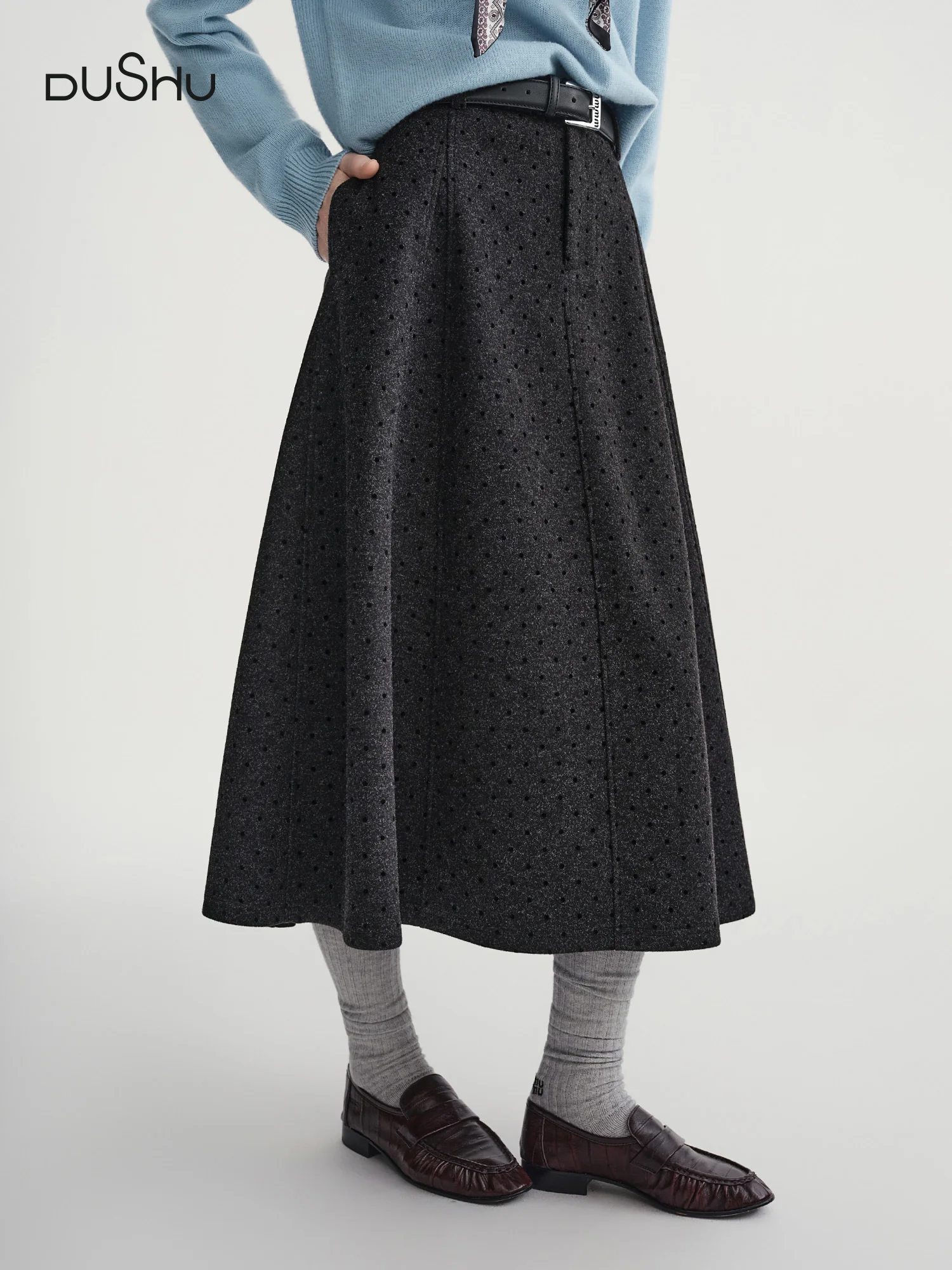 

DUSHU 2025 Winter Women's High Waist Polka Dot Full Skirt with Elastic Back - A-Line Mid-Length Flared Skirt for Daily