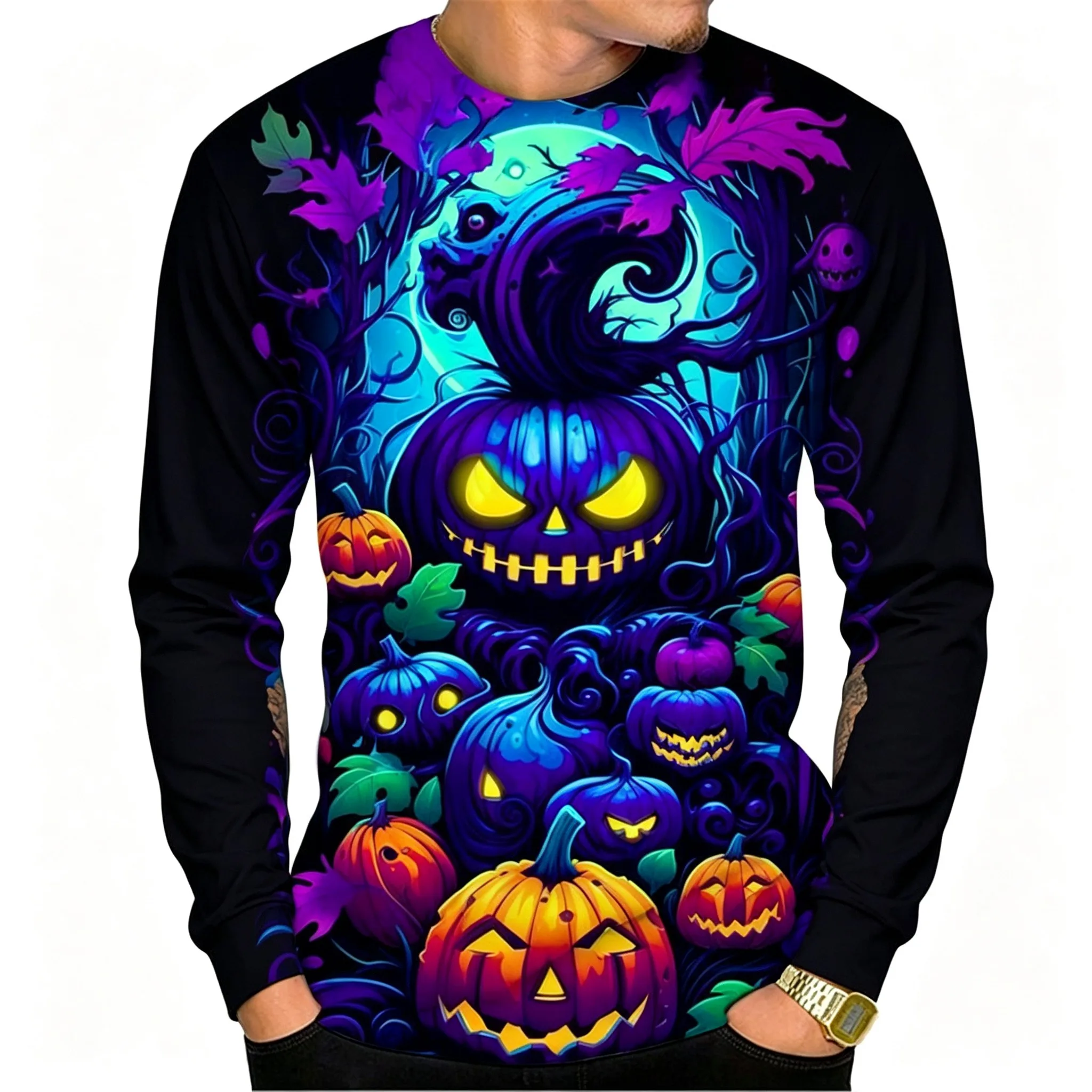 Men Halloween Scary Pumpkin Print Long Sleeve Shirt Spooky Moon Haunted House Graphic Crew Neck Top Holiday Casual Pullover Tees