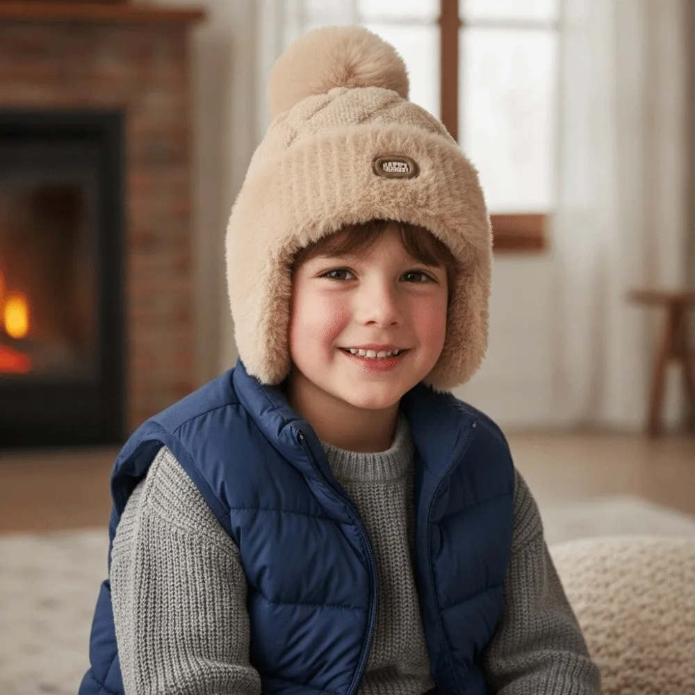 Double Pompon Winter Hat Thick Yarn Solid Color Children Knitted Cap Integrated Design Elastic Weave Toddler Earflap Beanie