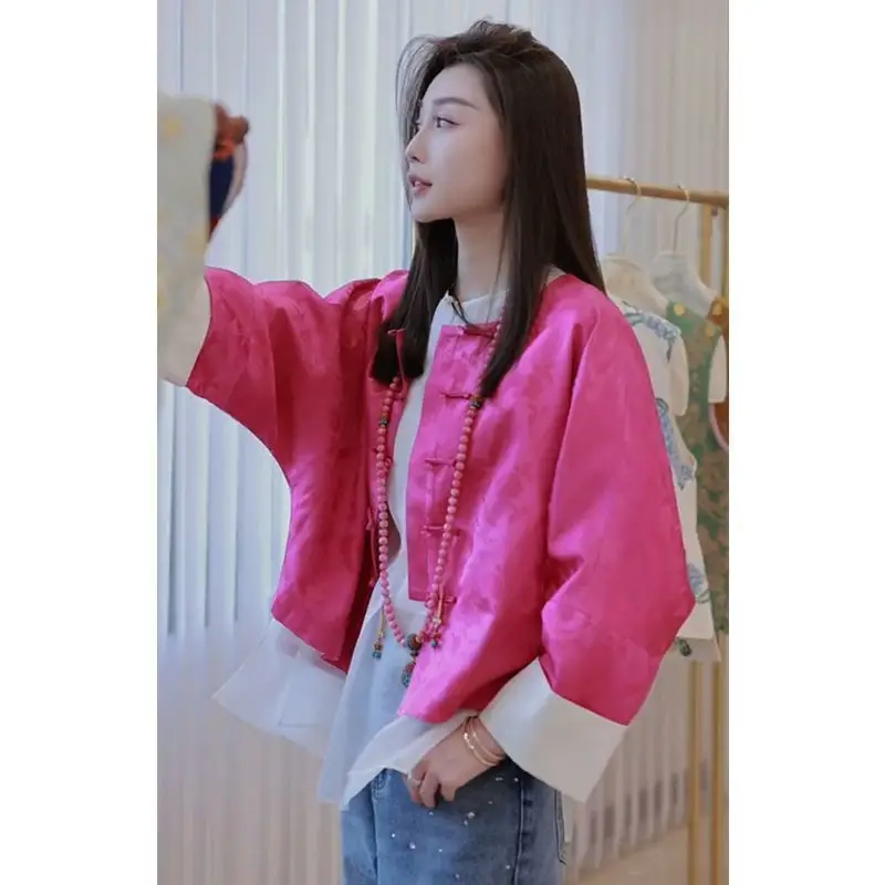 Chinese Style Buckle Jackets for Women 2025 New Spring Fashion Western Style Versatile Casual Round Neck Womens Clothes