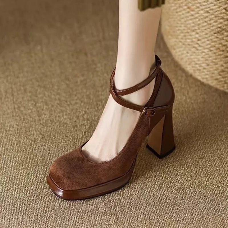Spring women pumps natural leather cowhide+kids suede+pigskin full leather square toe Ankle buckle women shoes Fashion
