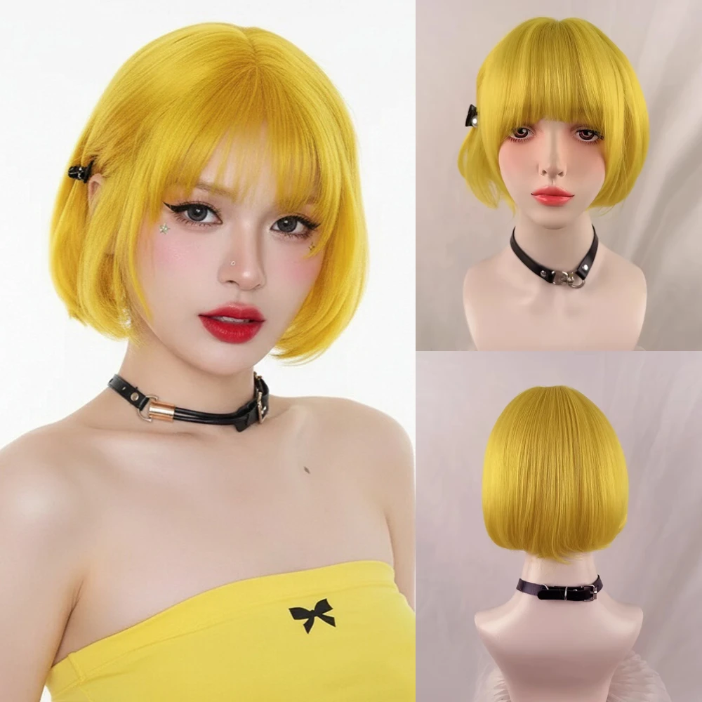 

Синтетический желтый боб, короткие прямые светлые парики с челкой, пушистый женский парик для косплея Лолиты для повседневной вечеринки