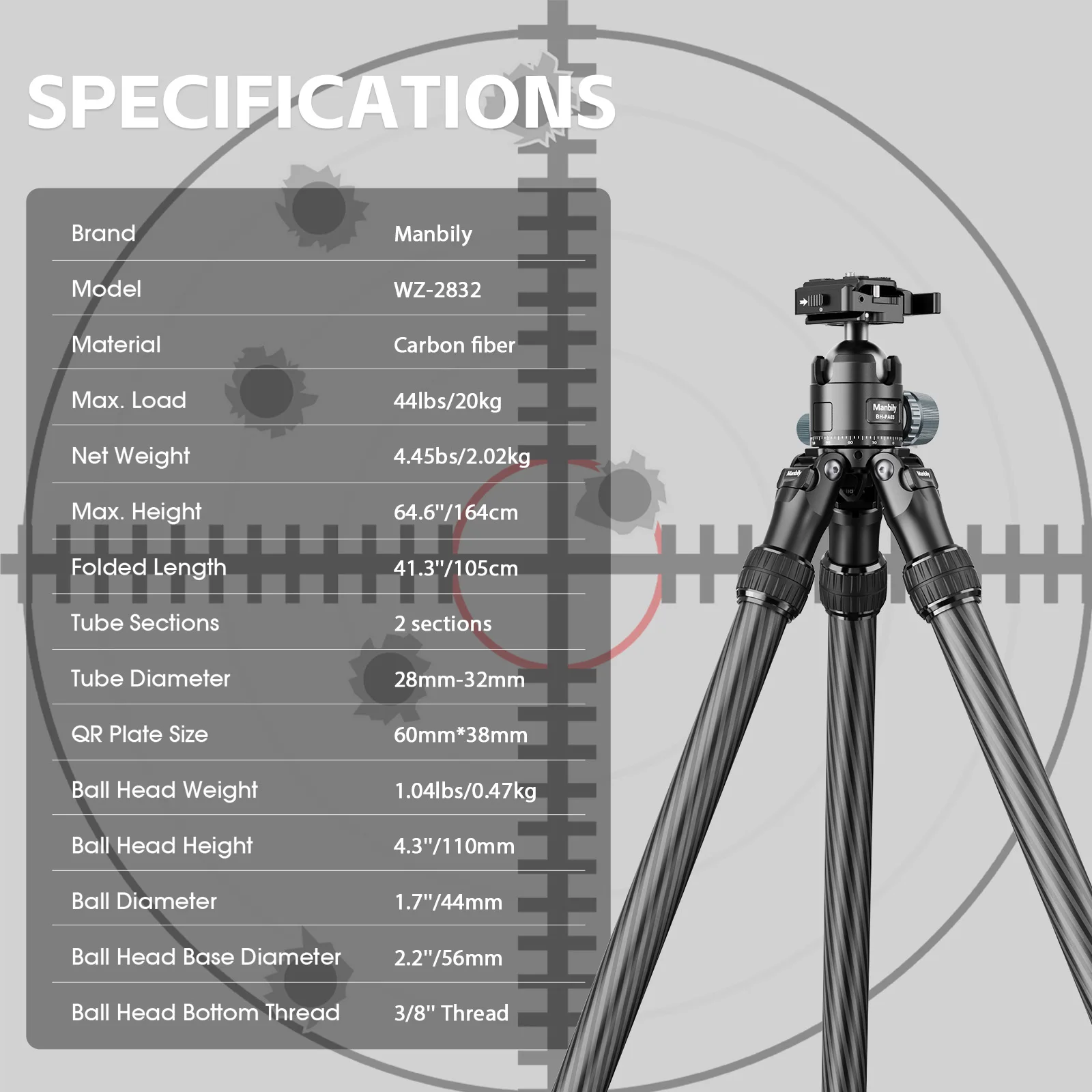 Manbily المهنية ألياف الكربون حوامل ثلاثية الراحة للتصوير الدقيق قابل للتعديل الثقيلة رئيس الصيد الراحة للفيديو في الهواء الطلق