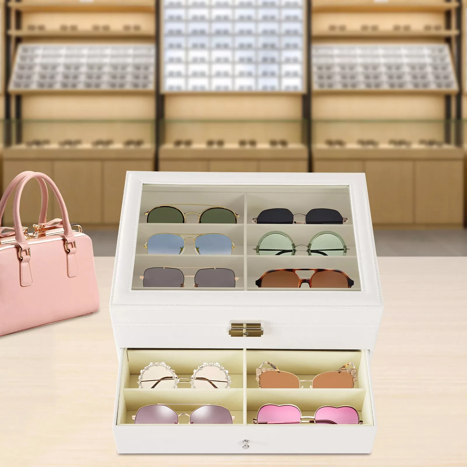 

Eyeglass & Sunglasses Storage Display Box with 24 Grids, Glasses Holder Organizer Case