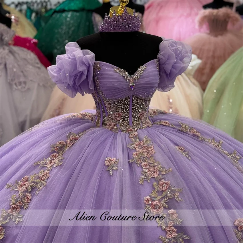 Carino lilla fiori di lavanda principessa abito stile Quinceanera perline gemme di cristallo dolce 16 abito Vestido De 15 anni personalizzato