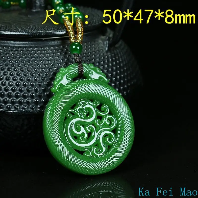 Hetian Biyu Spinach Green Imitation Gulong Brand Double Sided Hand Carved Hollow Necklace Pendant Fashionable Charm Jewelry