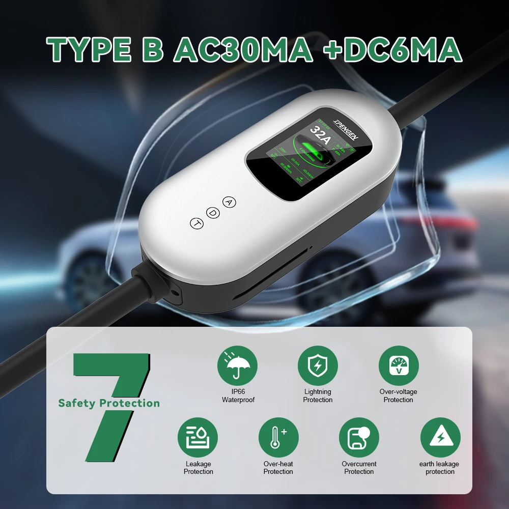 IPENGEN 7KW Portable EV Charger Type2 32A 1Phase Electric Car Charger 5M Cable EVSE Charging Cable Wallbox With APP Control