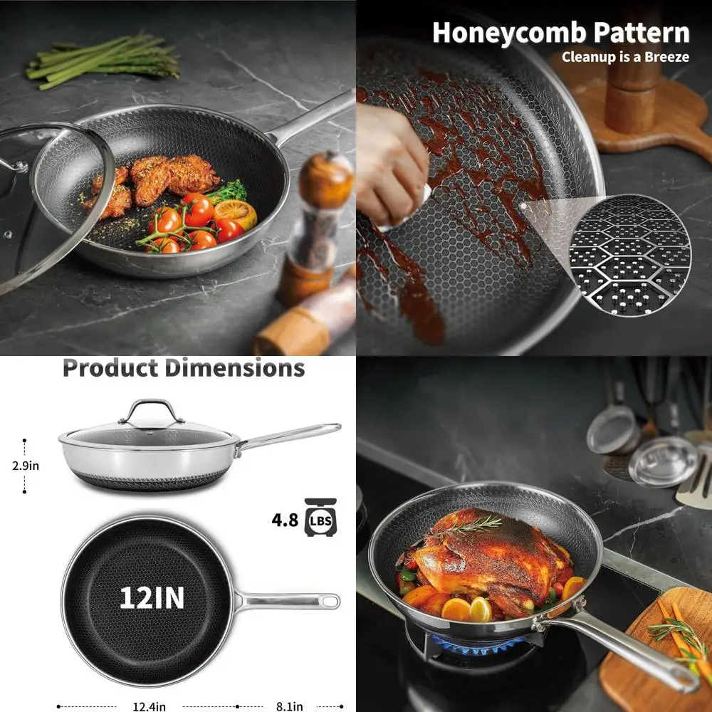 

12-Inch Stainless Steel Honeycomb Nonstick Frying Pan with Lid, Compatible for All Cooktops, Dishwasher and Oven Safe