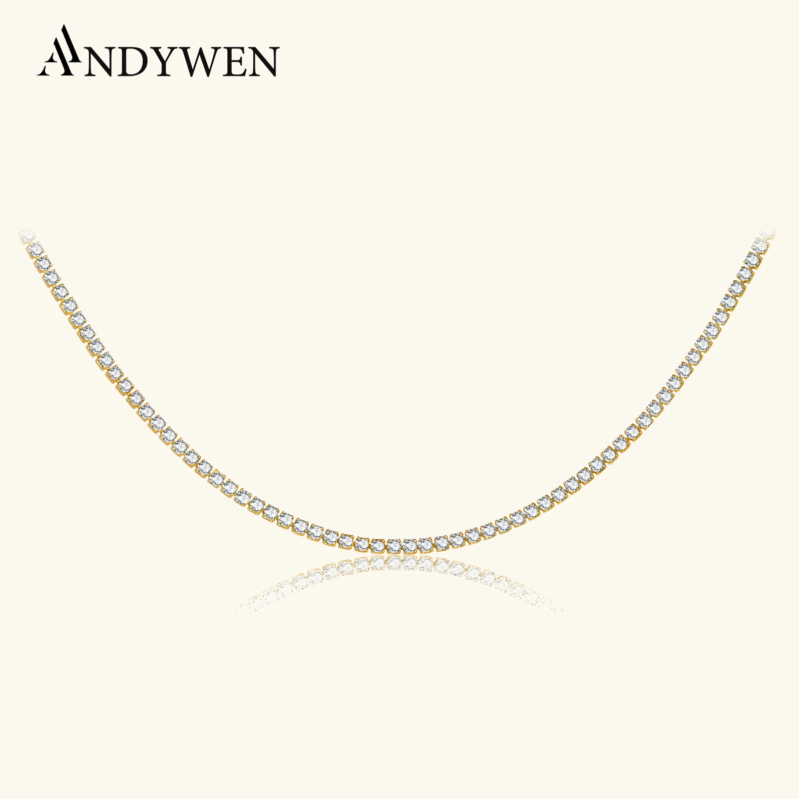 

ANDYWEN 925 Sterling Silver 2022 Gold 2mm Tennis CZ Chain Necklace Long Choker Women Crystal Luxury Fine Jewelry Gift