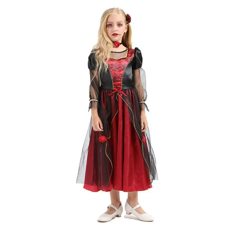 Halloween-Kinderen Vampiers Kleden Cosplay Kostuum Rood Vakantiefeest Lange Jurk Vrouw Kostuumbal Toneelkleding