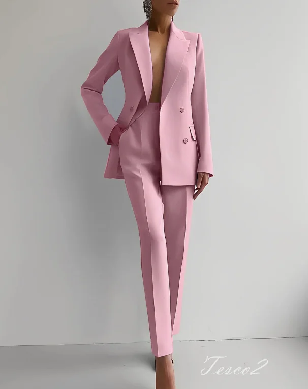 

Tesco Pink Suit Blazer Trousers Women's Elegant Suit Sets Double Breasted Classic Jacket Slim Fit Office Pants Sets 2 Piece