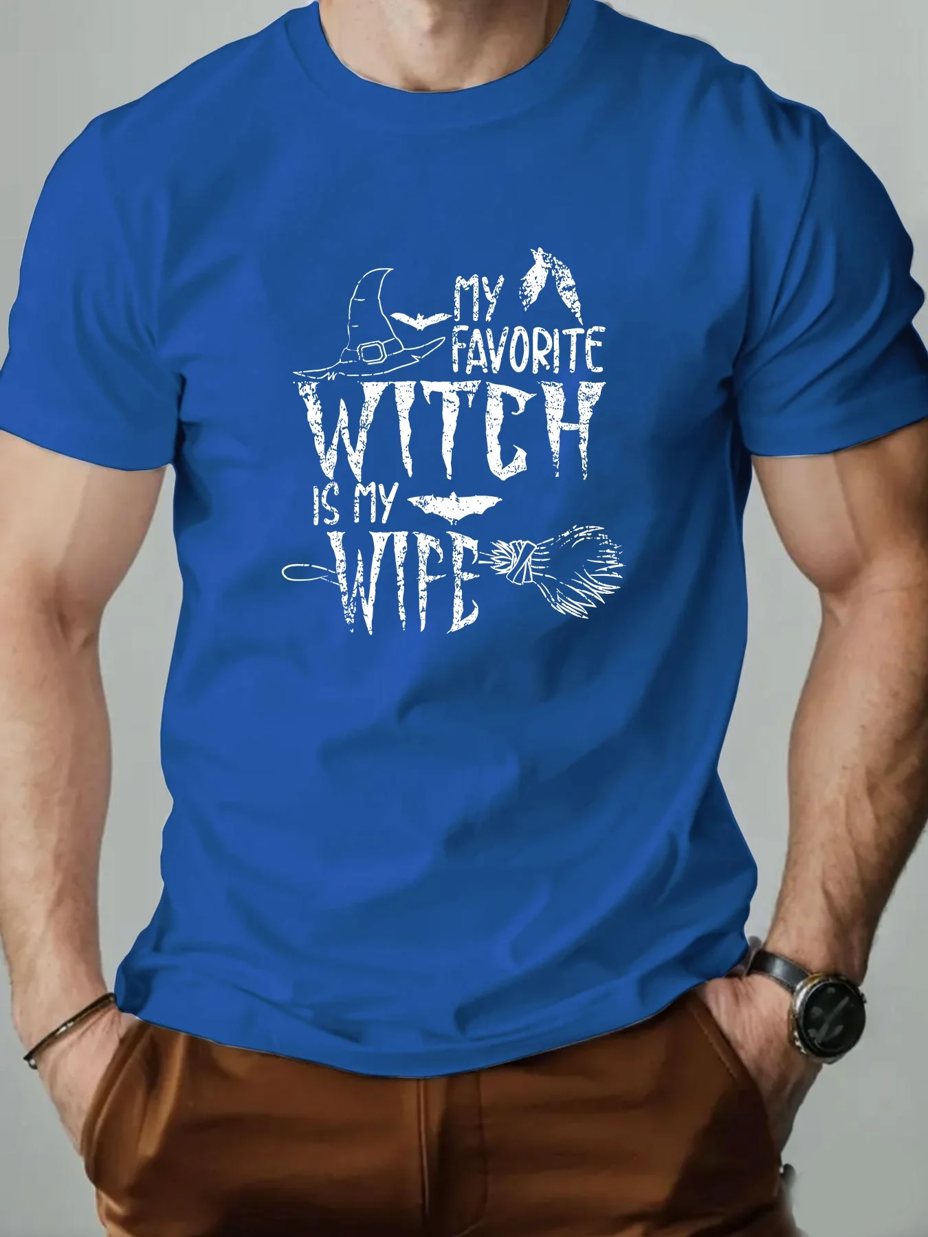 Men's Summer 100% Pure Cotton Fashionable Casual Loose Witch Pattern Printed Sports Round Neck Short Sleeved T-Shirt Top