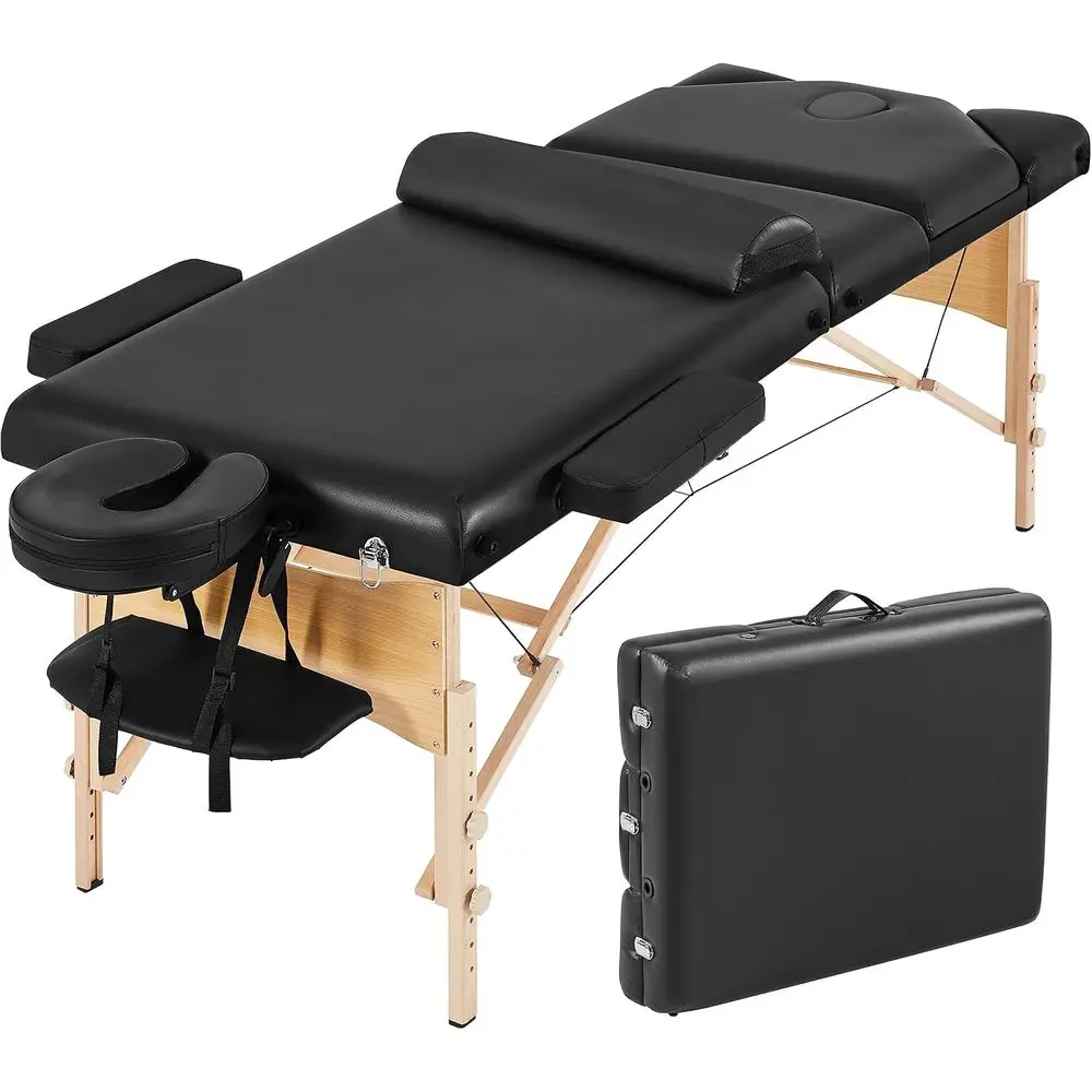 Portable Adjustable Height Lash Bed, 28 Wide, Black, with Sturdy Wood Legs and Thick Leather Padding for Client Comfort, Include