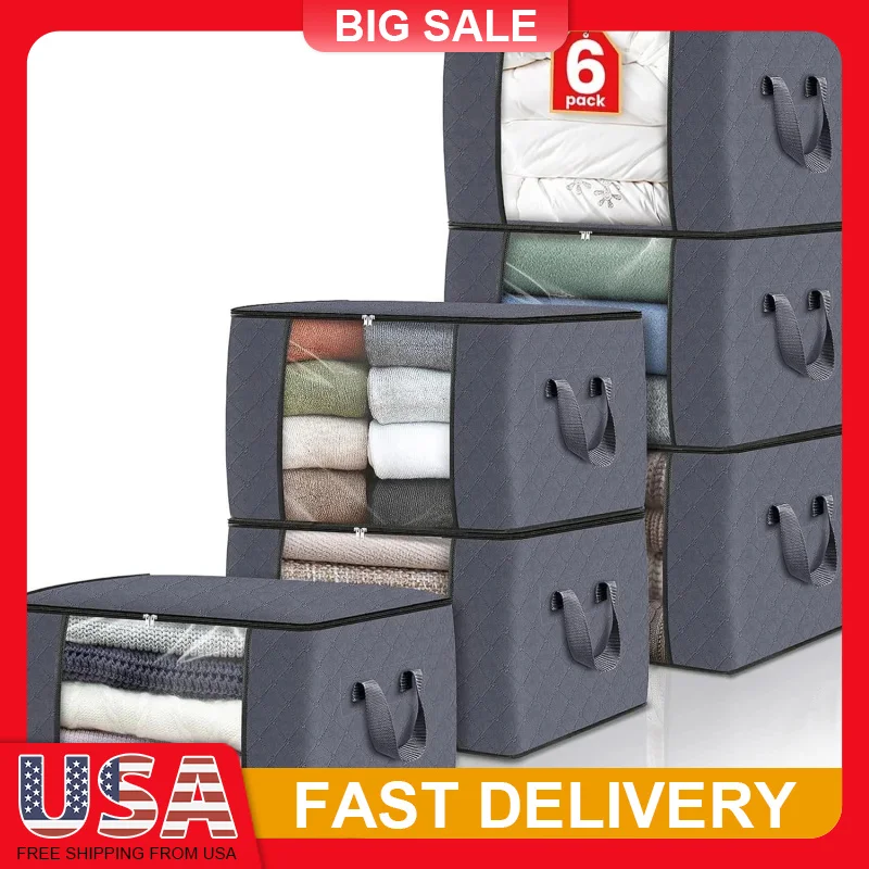 

6PACK 60L Foldable Clothes Storage Bags with Reinforced Handle for Bedroom Closet Blanket Comforter Organization Breathable