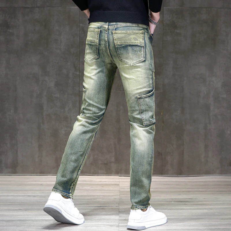 Retro Distressed Motorjeans Voor Heren High-End Kleine Straight Fashion All-Match Slanke Stretch Casual Straatbroek