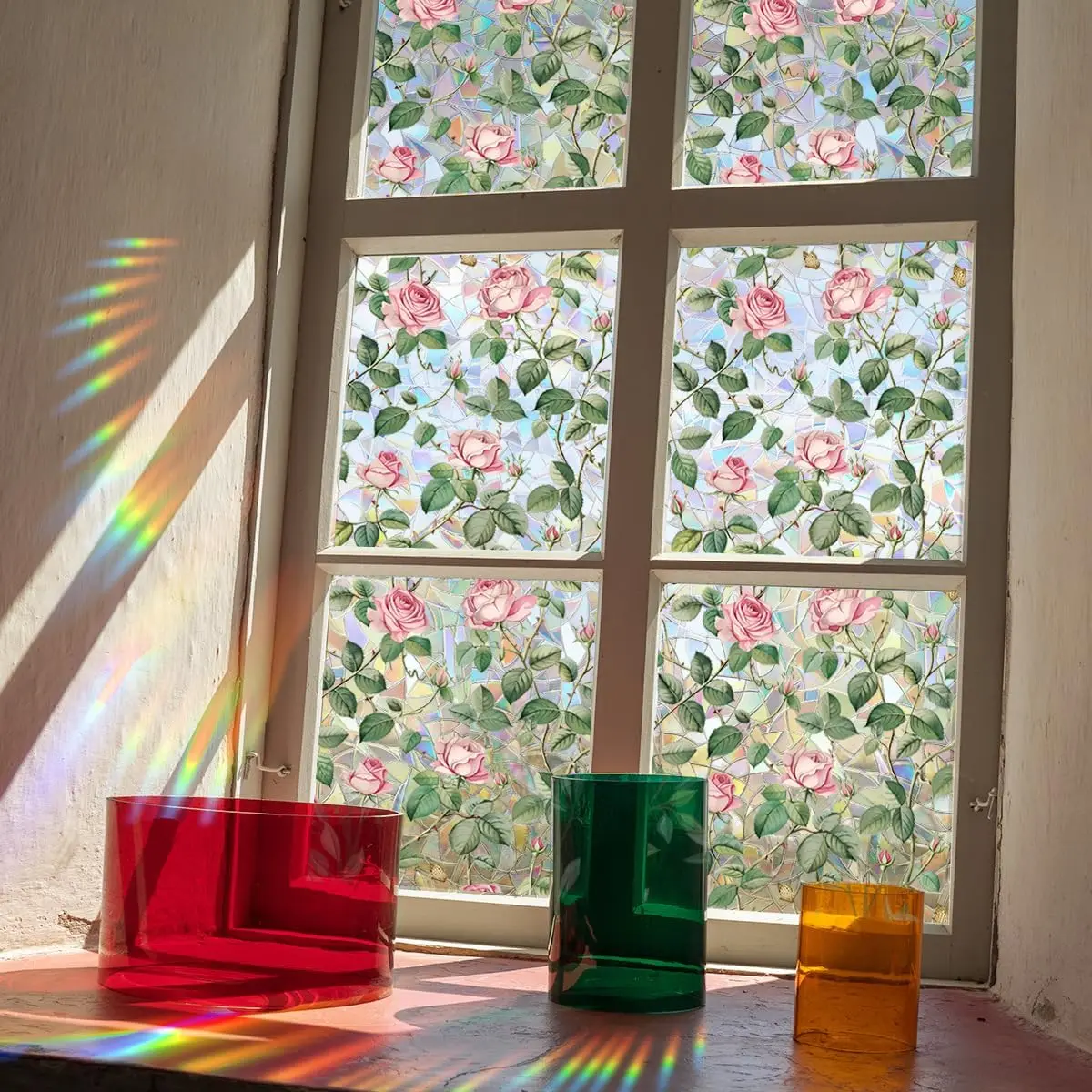 Static Cling UV Resistant Privacy Window Film, Rose Floral Rainbow Decor Window Cling, Stained Glass Removable Tint for Home