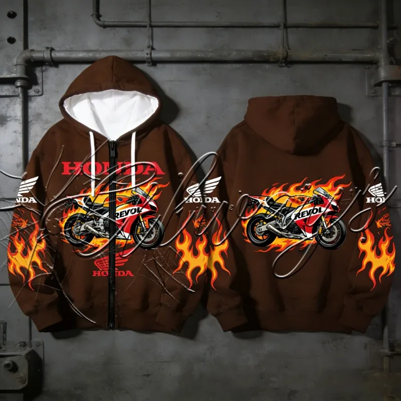 

Новая модная теплая толстовка на молнии для мужчин 2026 года: ретро-дизайн с огненным принтом для любителей мотоциклов Honda, для мотокросса и велоспорта
