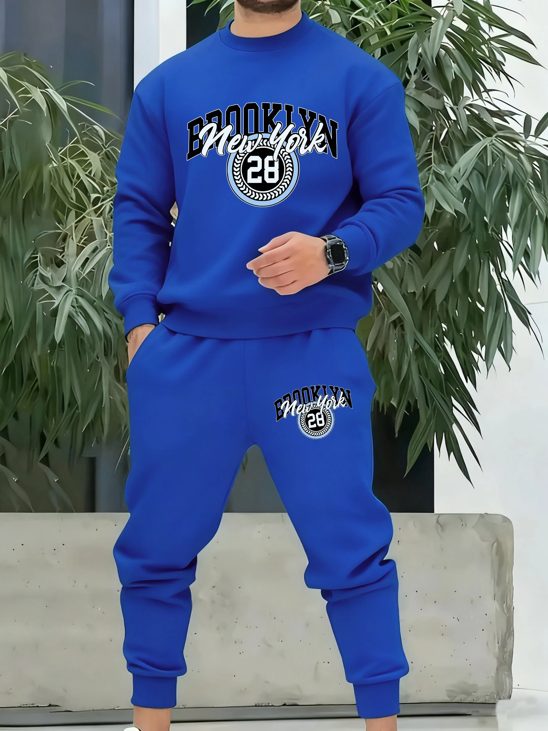 Brookiyn New York City Print Herren-Sweatshirt, lockere Modekleidung, lässige All-Match-Hose, Unisex, Herbst, warmer Fleece-Sportanzug