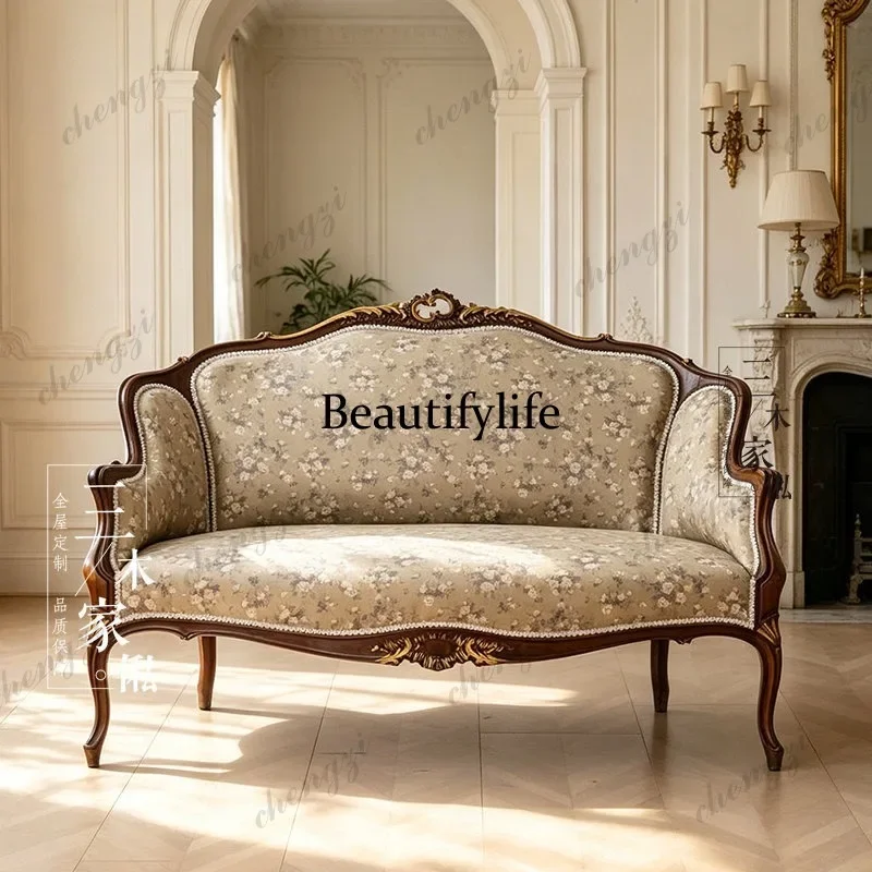 J132 French retro solid wood sofa double engraved light color flower fabric living room furniture