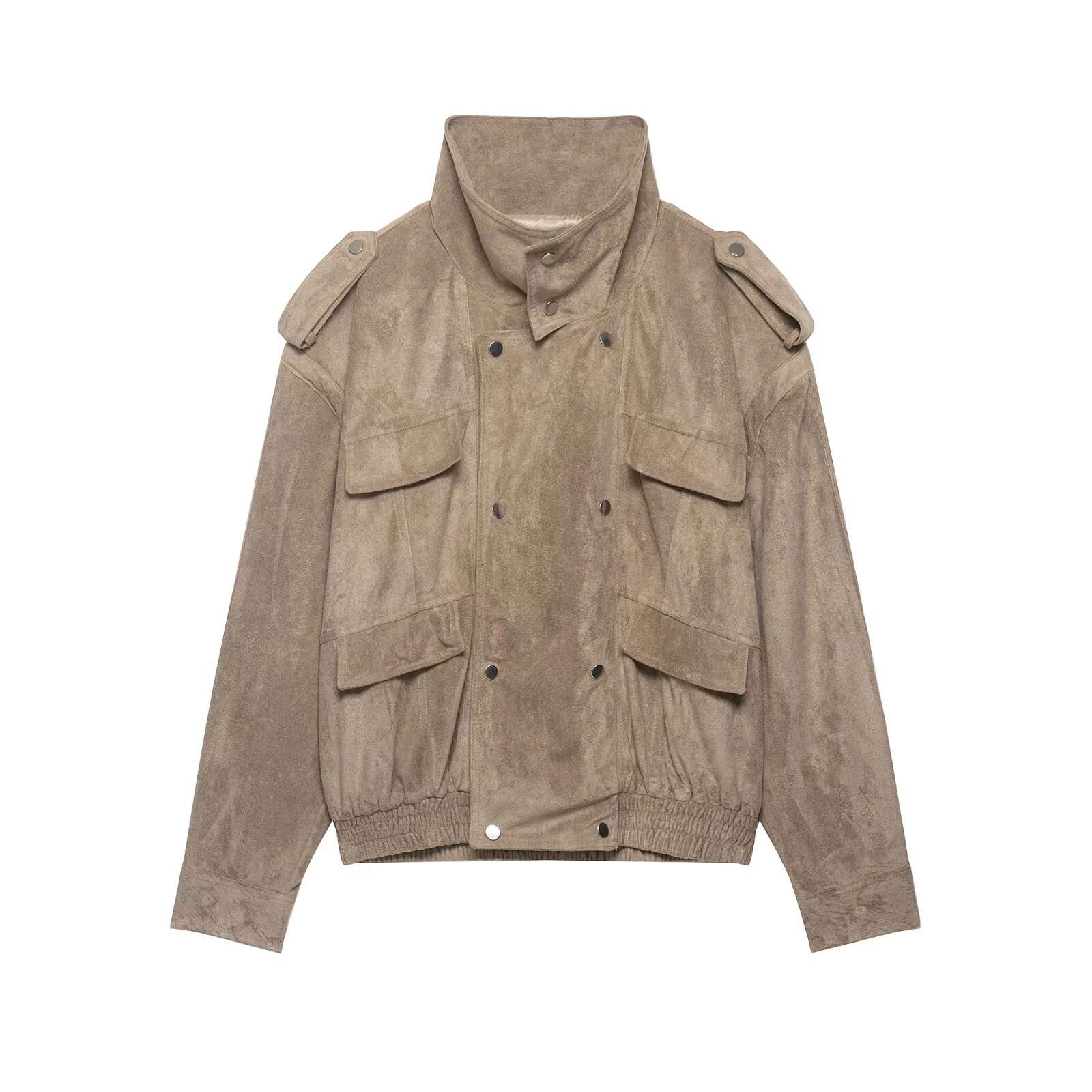 

New women's clothing French casual style elastic hem stand up collar long sleeved double breasted short jacket jacket