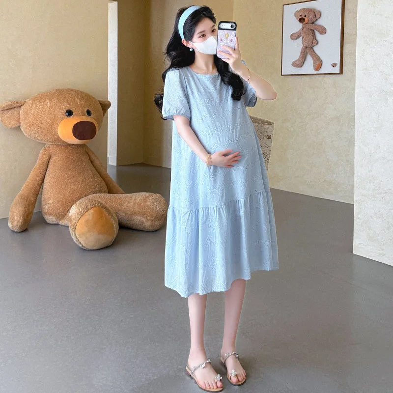 

Maternity Dress Summer Minimalist Casual Loose Comfortable Blue Short Sleeve Embroidery Dress for Pregnant Women 2026