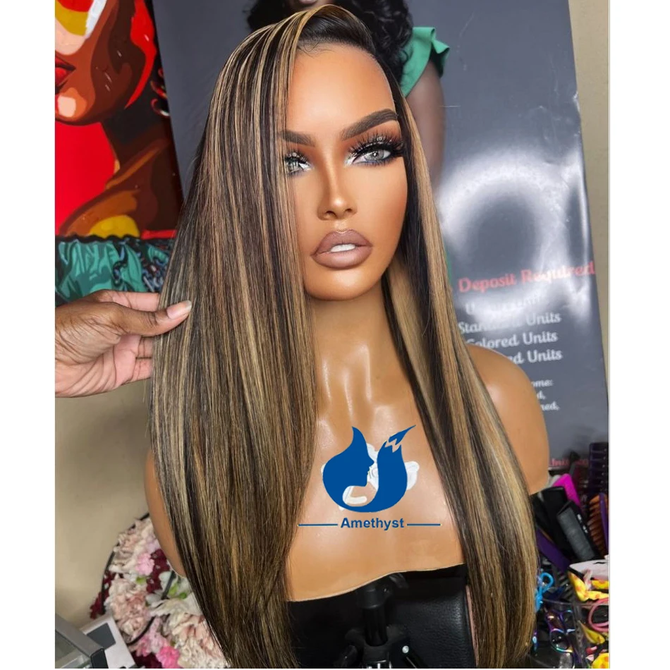 Highlight 13x4 Long Straight Lace Front Human Hair Wig For Women Pre Plucked with Bleached Knots Remy Brazilian Hair Side Part