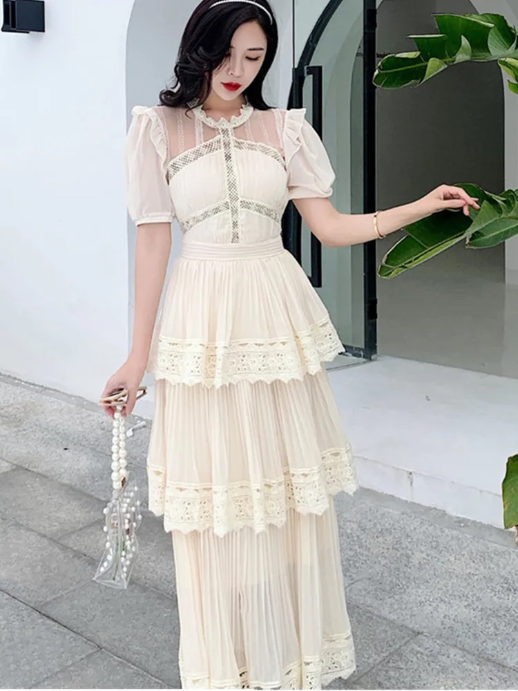 SMTHMA 2024 New Arrival Beige Lace Long Dress High Qulity Luxury Design Runway Dress Short Sleeve Ruffle Summer Dresses Vestidos